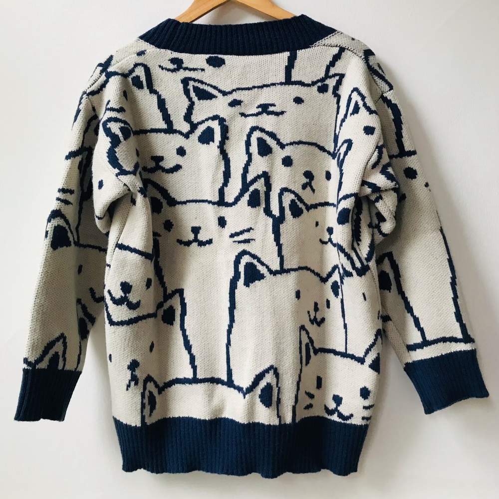 CAT PRINT Darling Warm Thick Knit Cardigan Sweater Top Kitties Cats Kawaii Sm - Picture 3 of 4